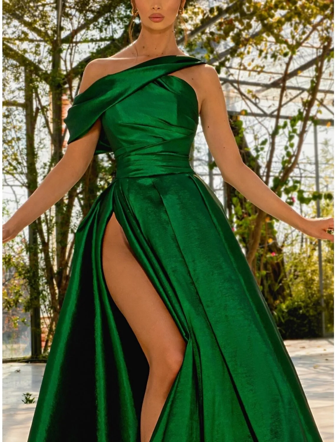 A-Line Evening Gown Elegant Dress Formal Sweep / Brush Train Christmas Red Green Dress Sleeveless One Shoulder Satin with Pleats Ruched Slit