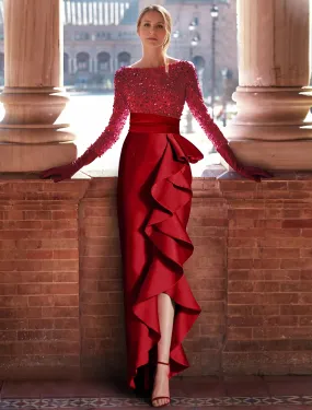 A-Line Evening Gown Formal Christmas Floor Length Long Sleeve Jewel Neck Satin with Ruffles Slit