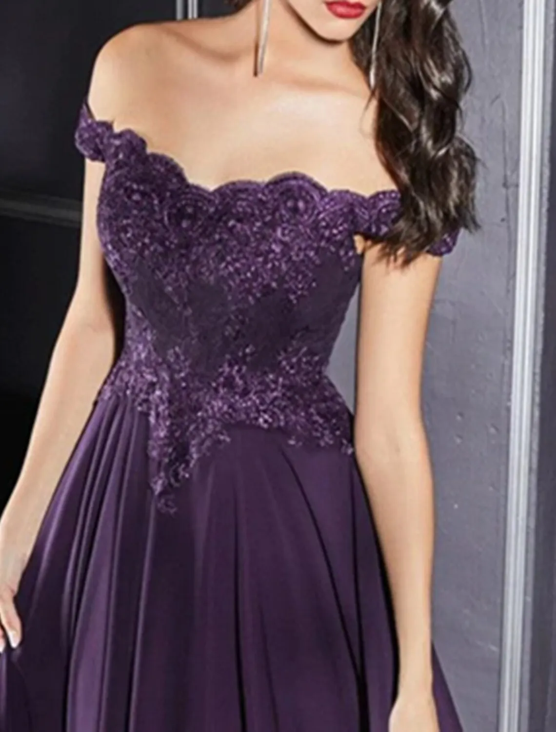 A-Line Evening Gown Formal Dress Purple Floor Length Sleeveless Off Shoulder Chiffon with Pleats Appliques