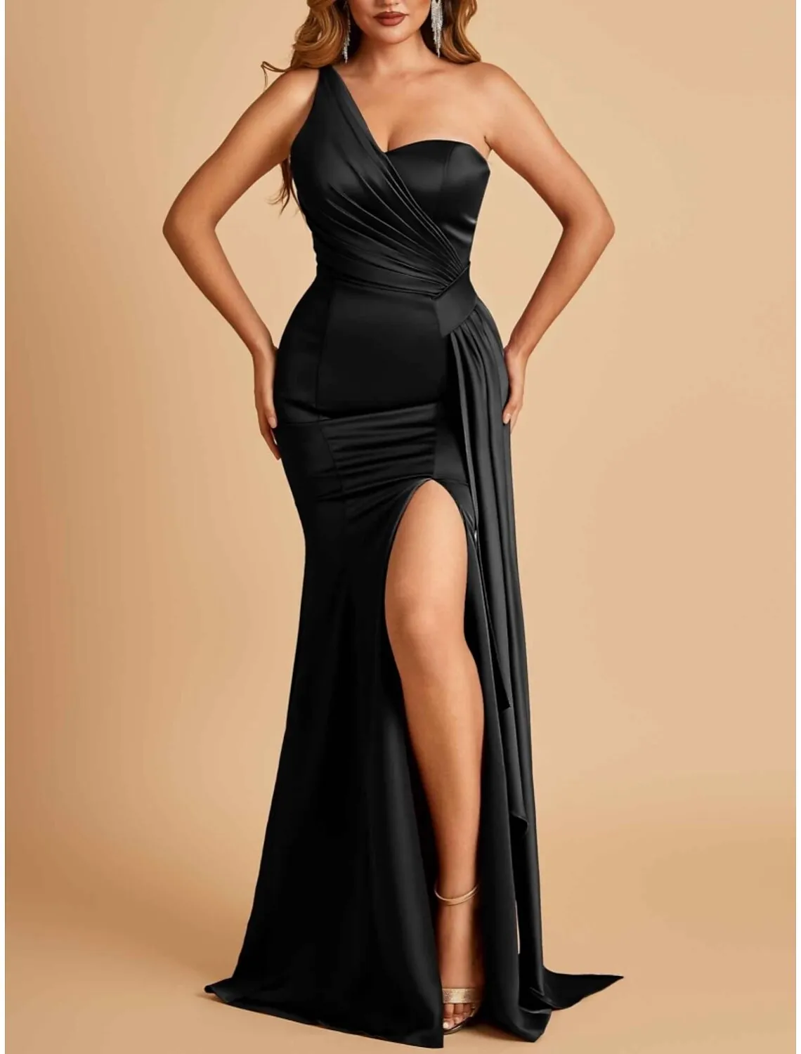 A-Line Evening Gown High Split Dress Formal Sweep / Brush Train Sleeveless One Shoulder Satin with Pleats Slit