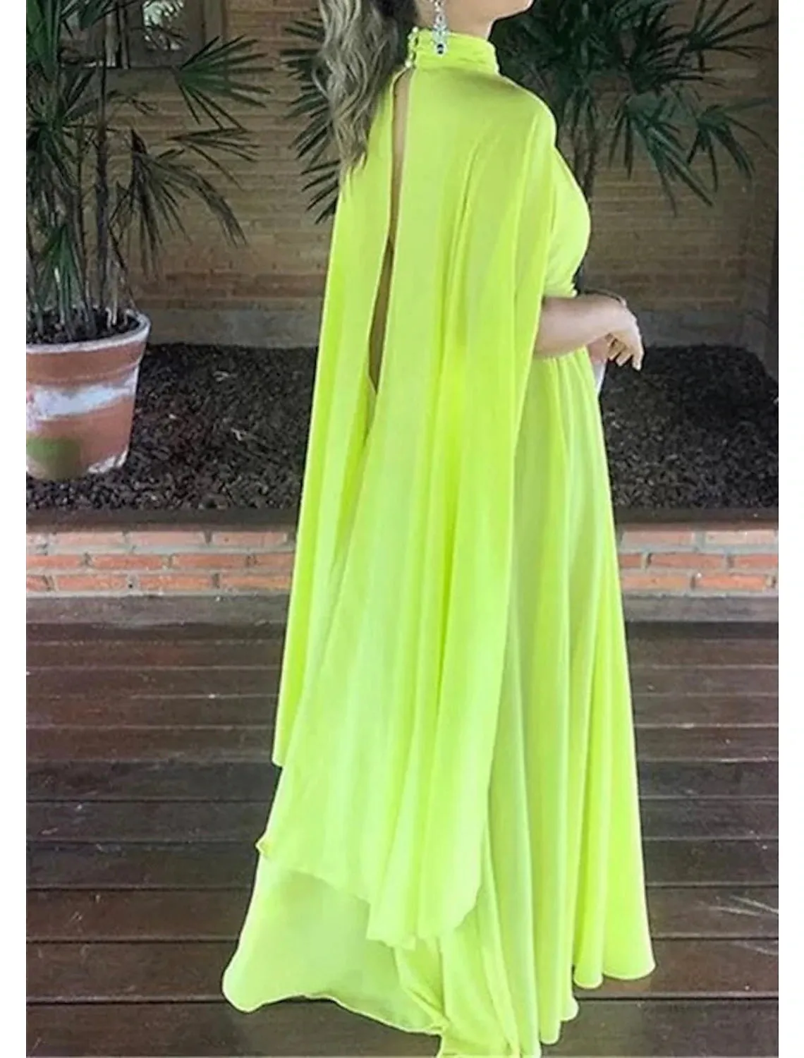 A-Line Evening Gown Maxi Dress Formal Wedding Guest Floor Length Sleeveless High Neck Capes Chiffon with Ruched