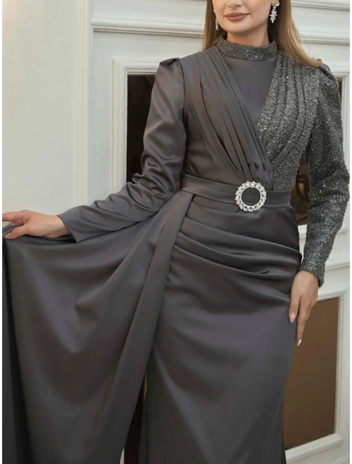 A-Line Evening Gown Sparkle & Shine Dress Formal Christmas Floor Length Long Sleeve High Neck Satin with Glitter Ruched