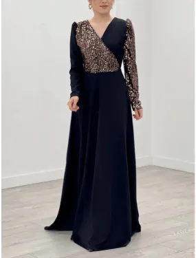 A-Line Evening Gown Sparkle & Shine Dress Formal Fall Sweep / Brush Train Long Sleeve V Neck Chiffon with Glitter Pleats