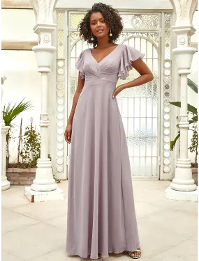 A-Line Evening Gown Vintage Dress Wedding Guest Floor Length Short Sleeve V Neck Chiffon with Ruffles