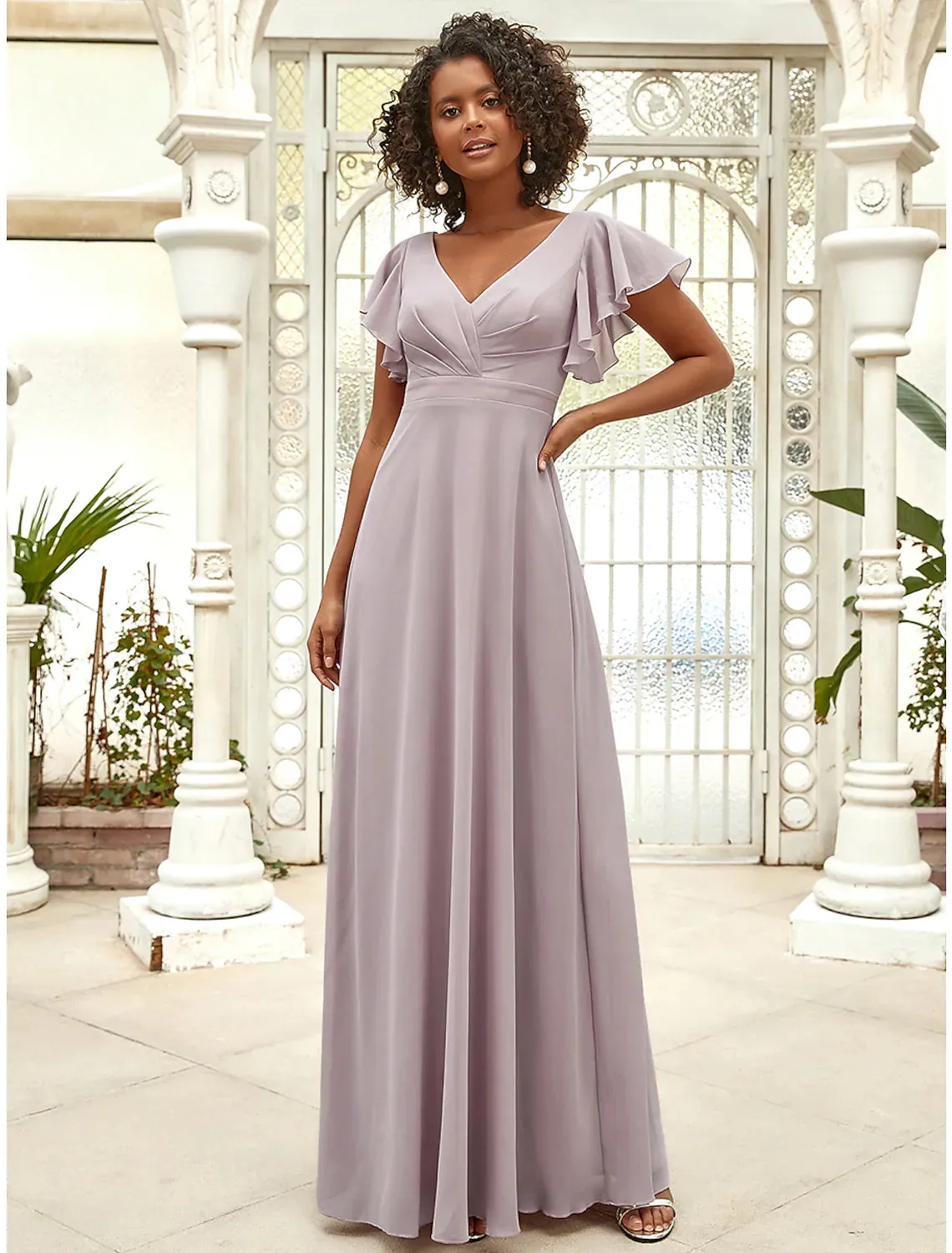 A-Line Evening Gown Vintage Dress Wedding Guest Floor Length Short Sleeve V Neck Chiffon with Ruffles