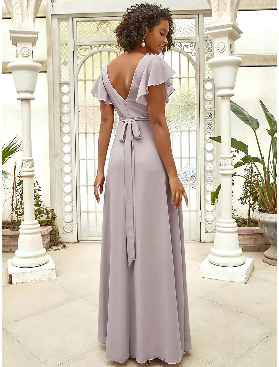 A-Line Evening Gown Vintage Dress Wedding Guest Floor Length Short Sleeve V Neck Chiffon with Ruffles