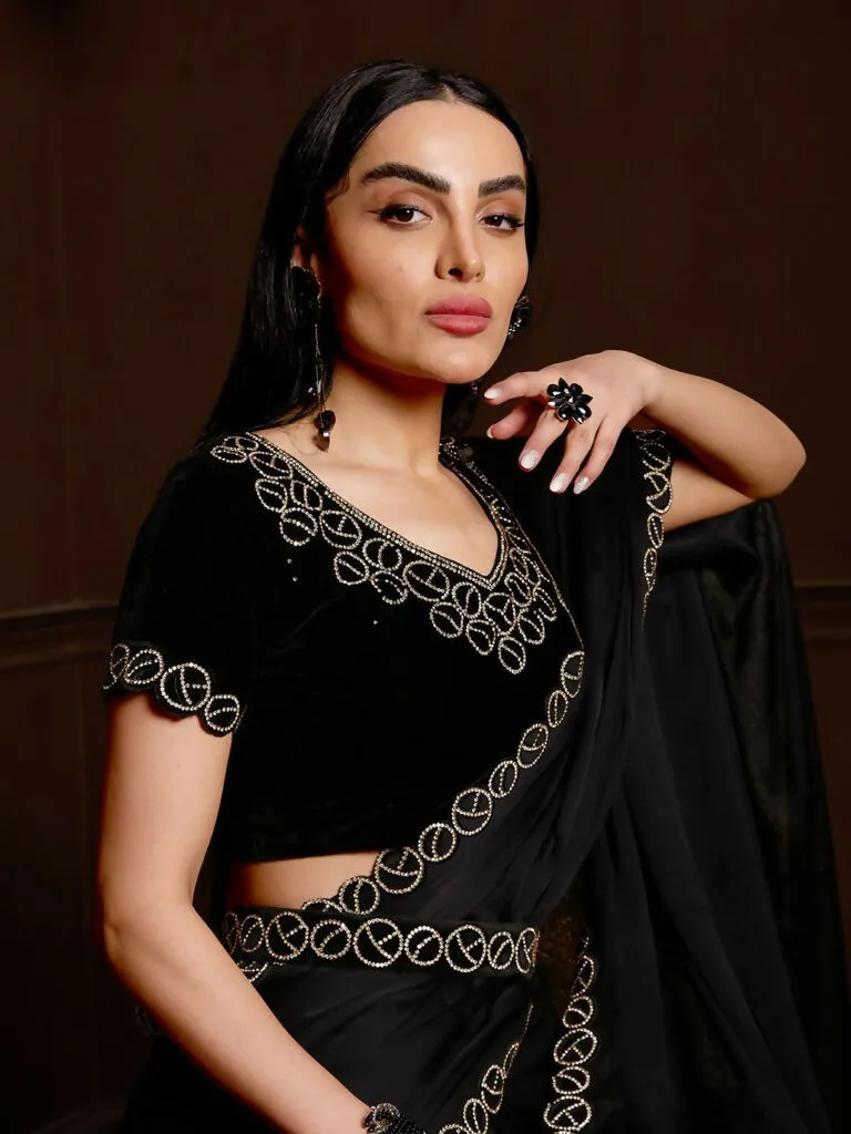 Aafreen Partywear Designer Black Satin Chiffon Fancy Saree