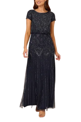 Adrianna Papell Boat Neck Short Sleeve Blouson Zipper Back Embellished Mesh Gown