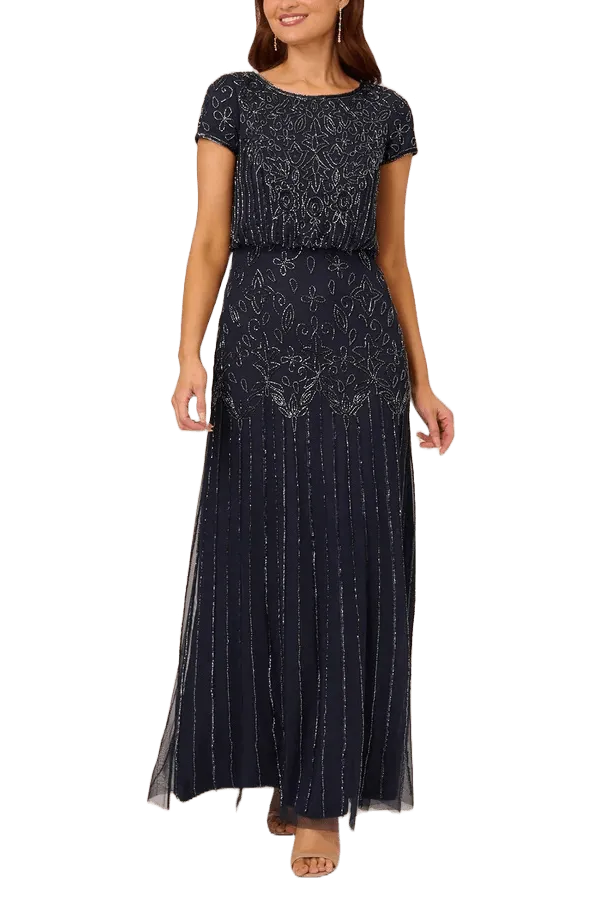 Adrianna Papell Boat Neck Short Sleeve Blouson Zipper Back Embellished Mesh Gown