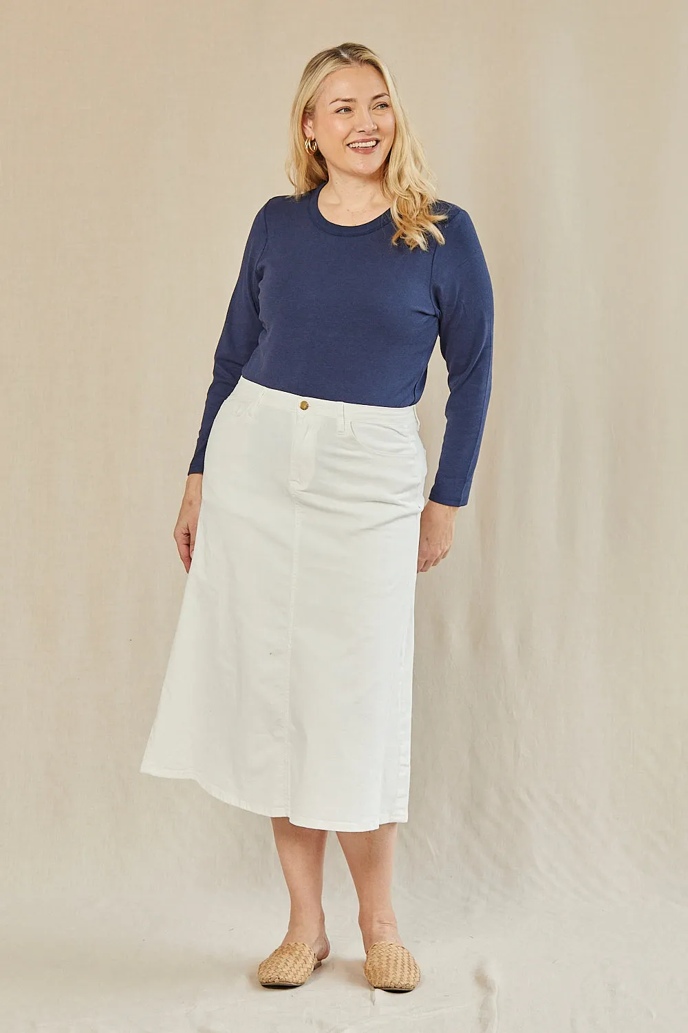 Adrift Denim A-Line Skirt in White