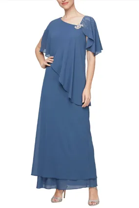 Alex Evenings Chiffon Long Overlay Asymmetric L-Neckline Bodice Dress