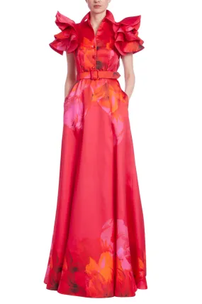 Badgley Mischka Collared V-Neck Floral Print Ruffle-Sleeved Taffeta Gown