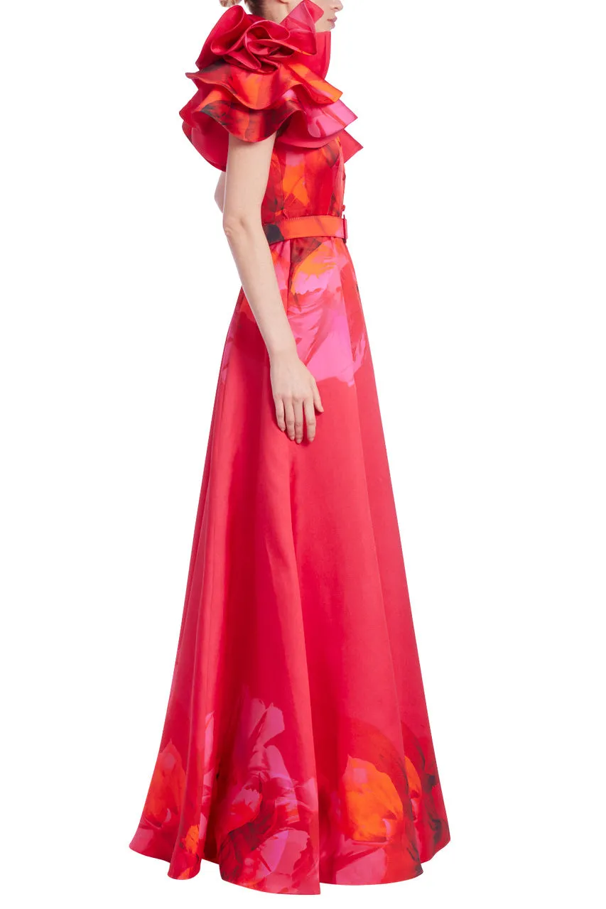 Badgley Mischka Collared V-Neck Floral Print Ruffle-Sleeved Taffeta Gown