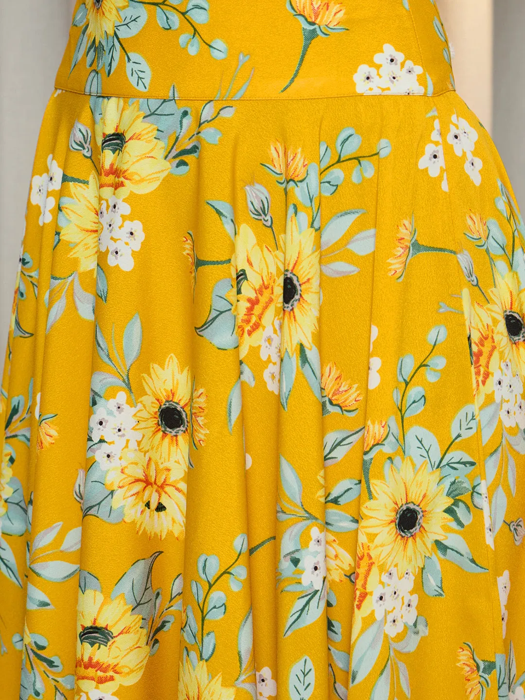 Berrylush Women Yellow & Green Floral Printed High-Rise Waist Slip-On Pleated A-Line Midi Skirt