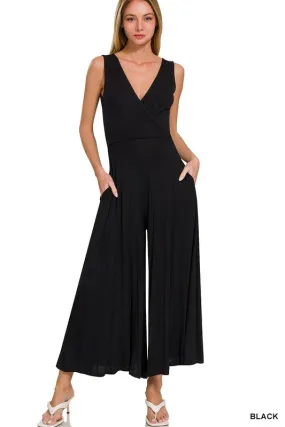 Black Surplice Sleeveless Jumpsuit