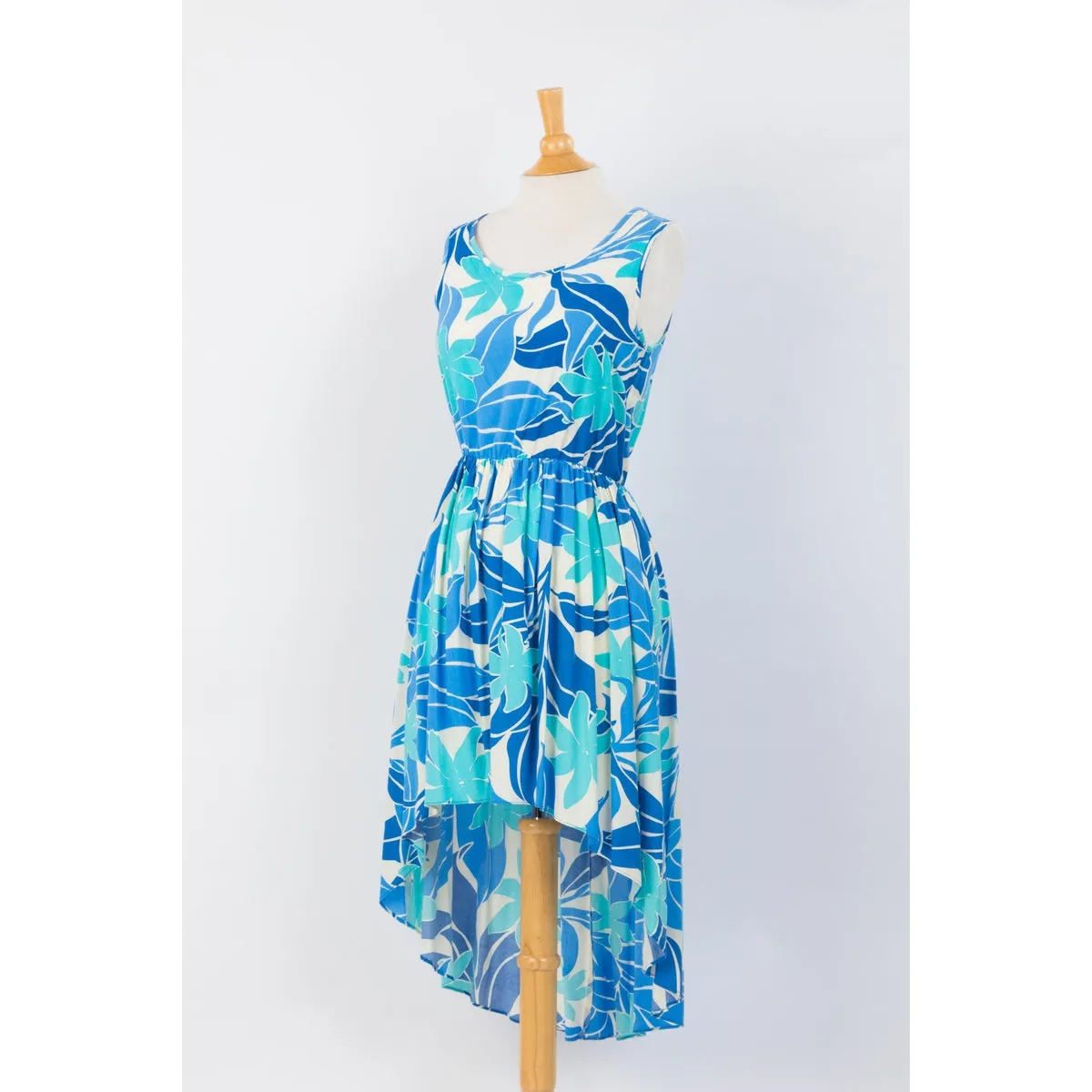 Blue Abstract Floral Print Casual Dress with Fishtail