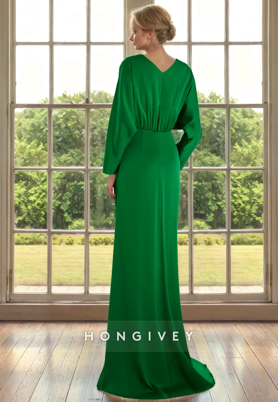 Casual Fitted V-Neck Long Sleeves With Slit Cocktail Evening Dress