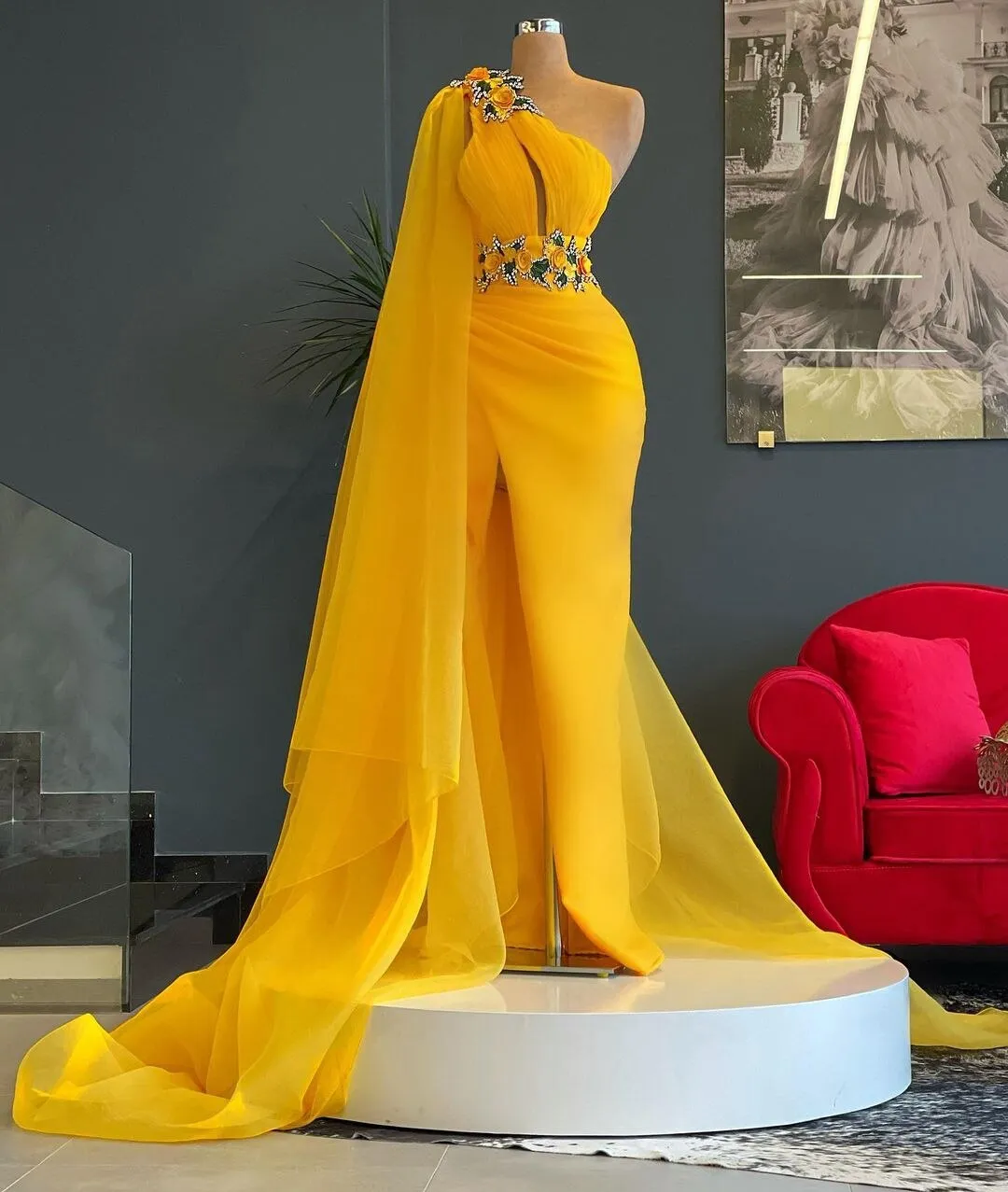 Charming Yellow One Shoulder Mermaid Evening Dresses   Sleeveless Side Split Crystals Women Pageant Dressing   Gowns  mh225