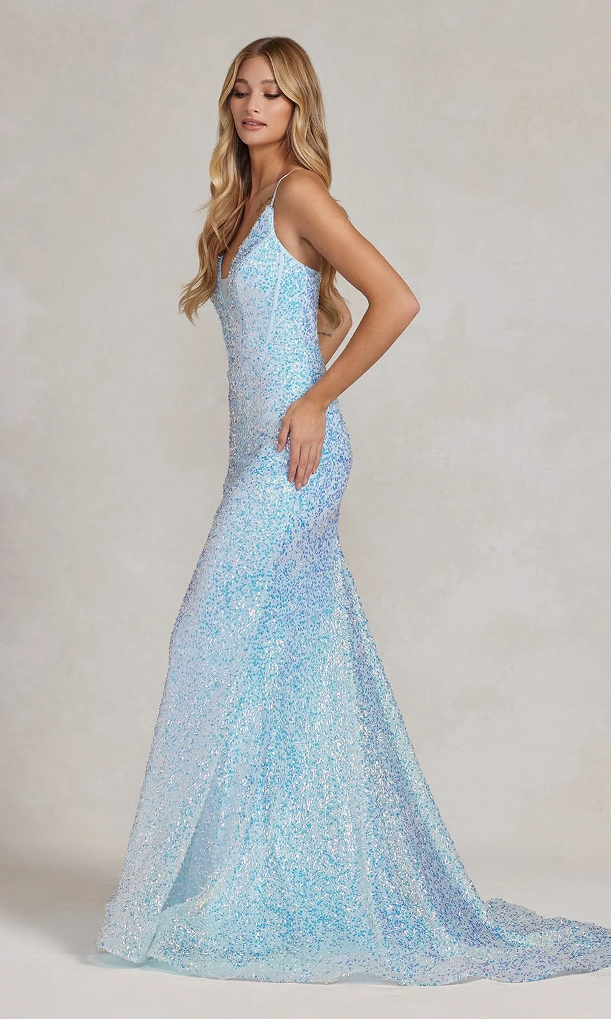 Corset-Back Deep V-Neck Long Sequin Prom Dress