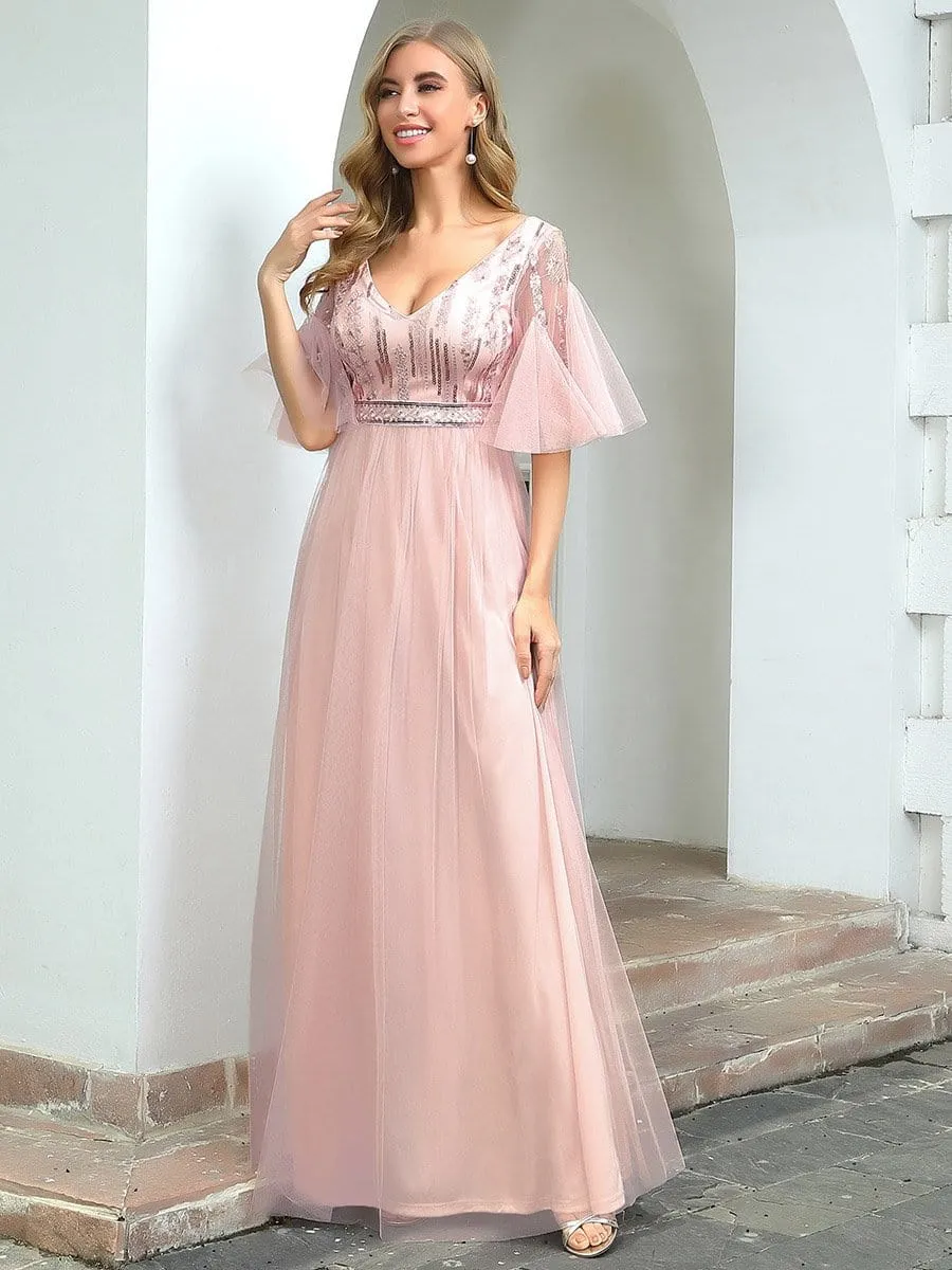 Cute V-neck Short Ruffled Sleeves Bridesmaid Dress with Sequin