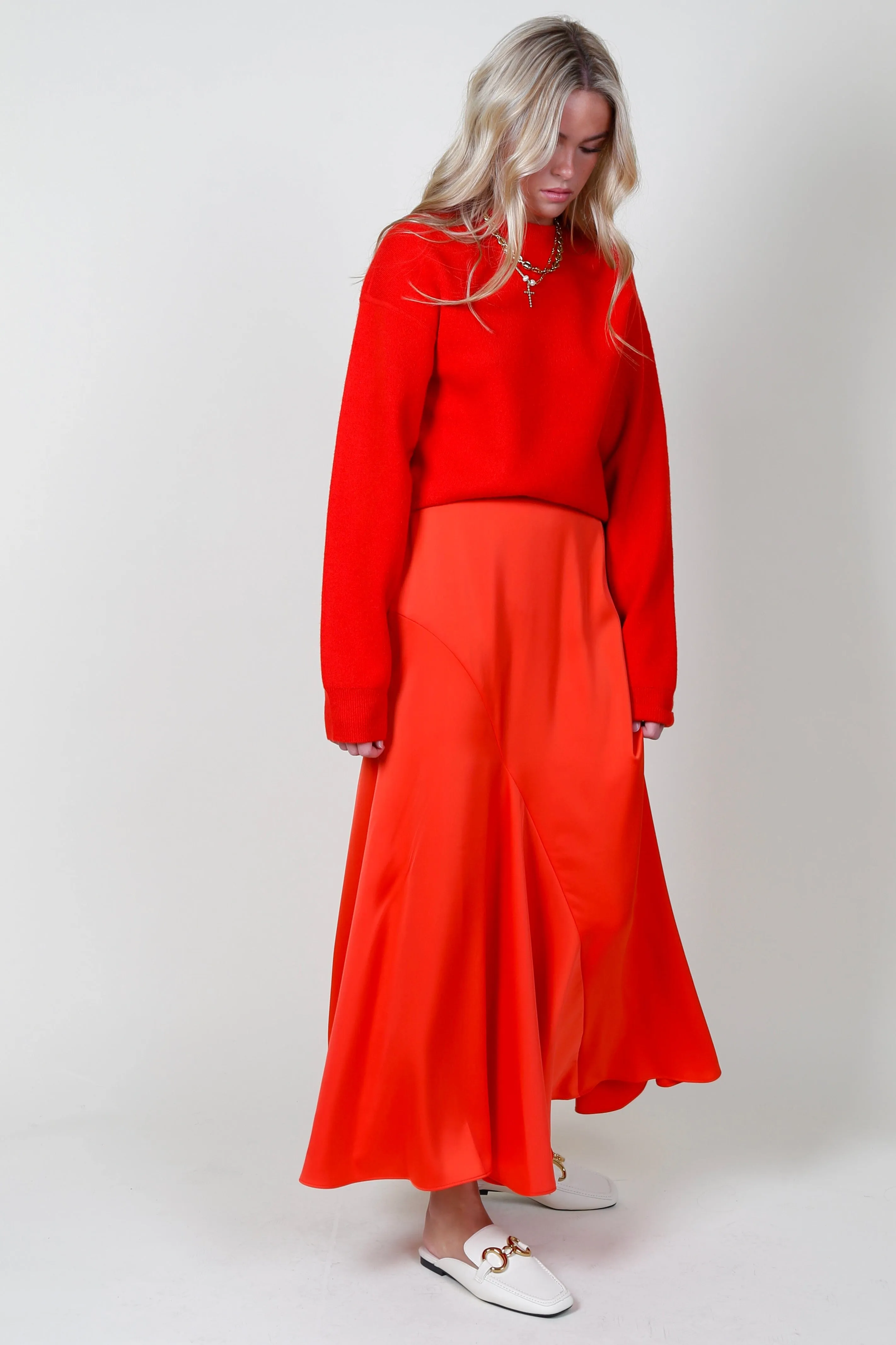 Derek Lam Paulette Flared Midi Skirt in Sunset Orange - Elegant and Stylish Womens Fashion.