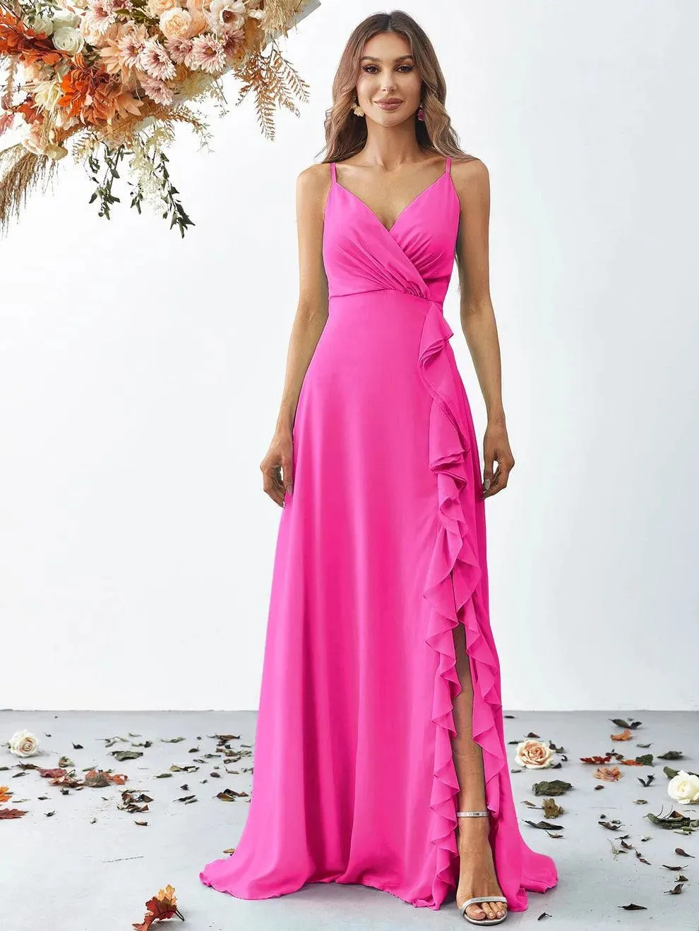 Elegant V Neck Sleeveless Ruffle Slit Chiffon A Line Dresses