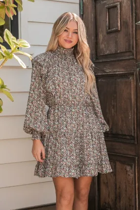 Floral Print Smocked Long Sleeve Dress