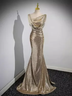 Girlary Gold Sequined Evening Dress Formal Gown V Neck Floor Length Women Party Occasion Dresses Bridesmaid Gown Vestido New