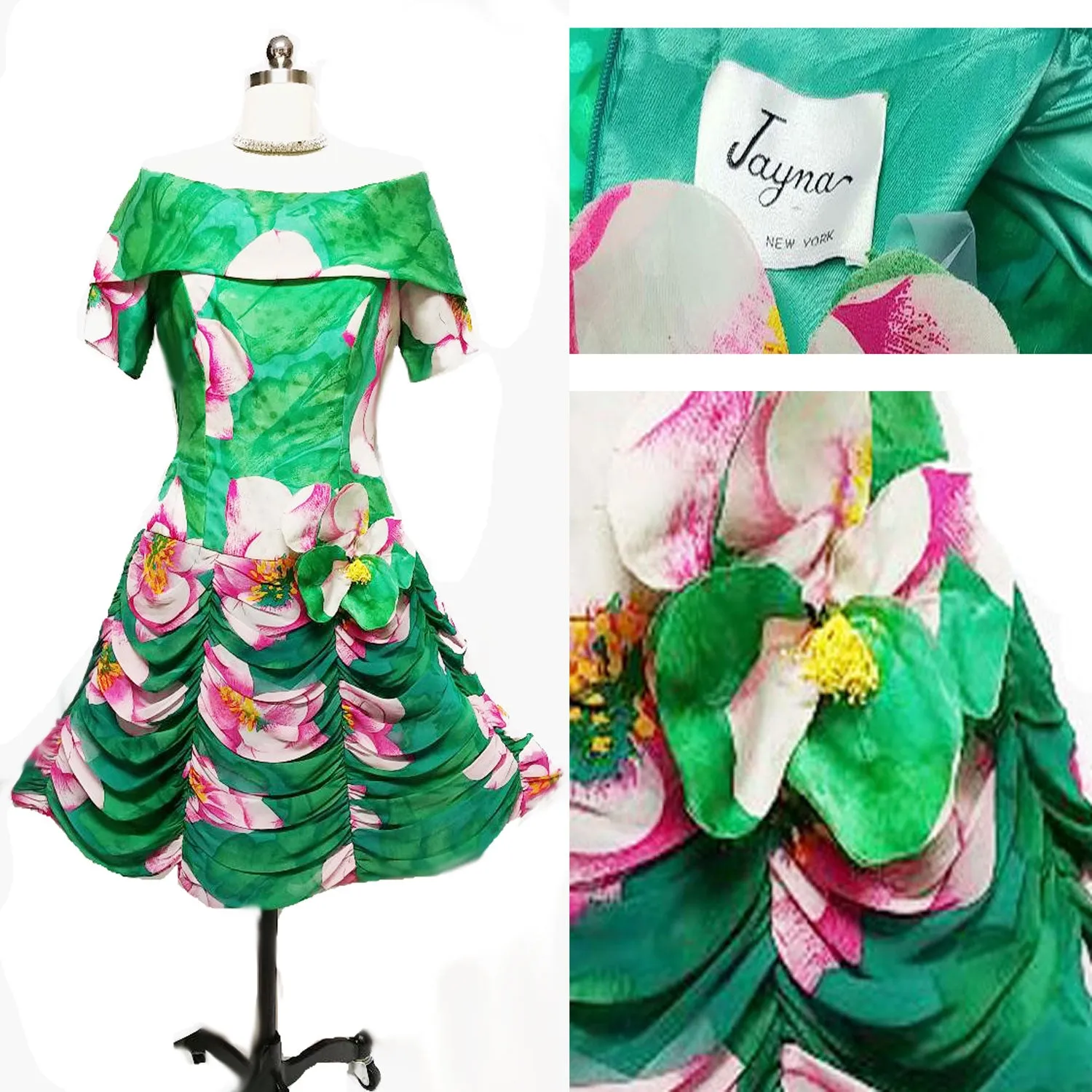 GORGEOUS VINTAGE 1980s JAYNA NEW YORK JACQUARD & SILK CHIFFON COCKTAIL DRESS PARTY DRESS DRAPED SWAGS WITH HUGE ARTIFICIAL FLOWER