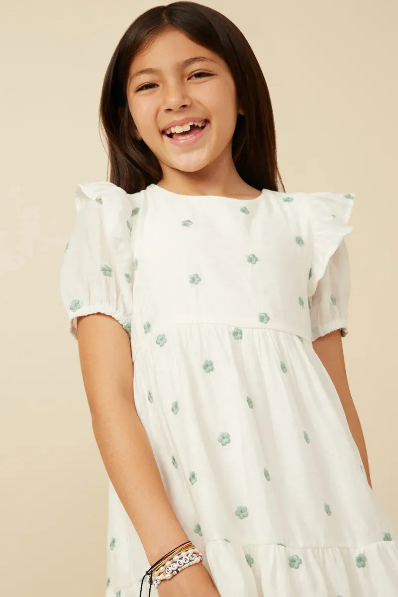 Green and White Embroidered Ruffled Dress