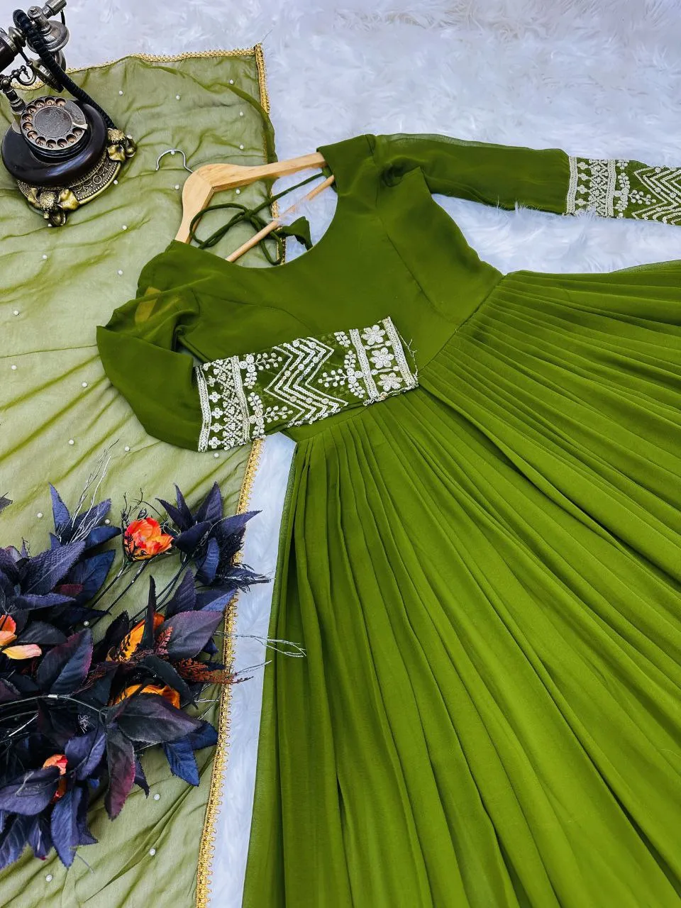 Green Color Enchanting Fox Georgette Embroidered Gown: Flowing Elegance for Special Occasions