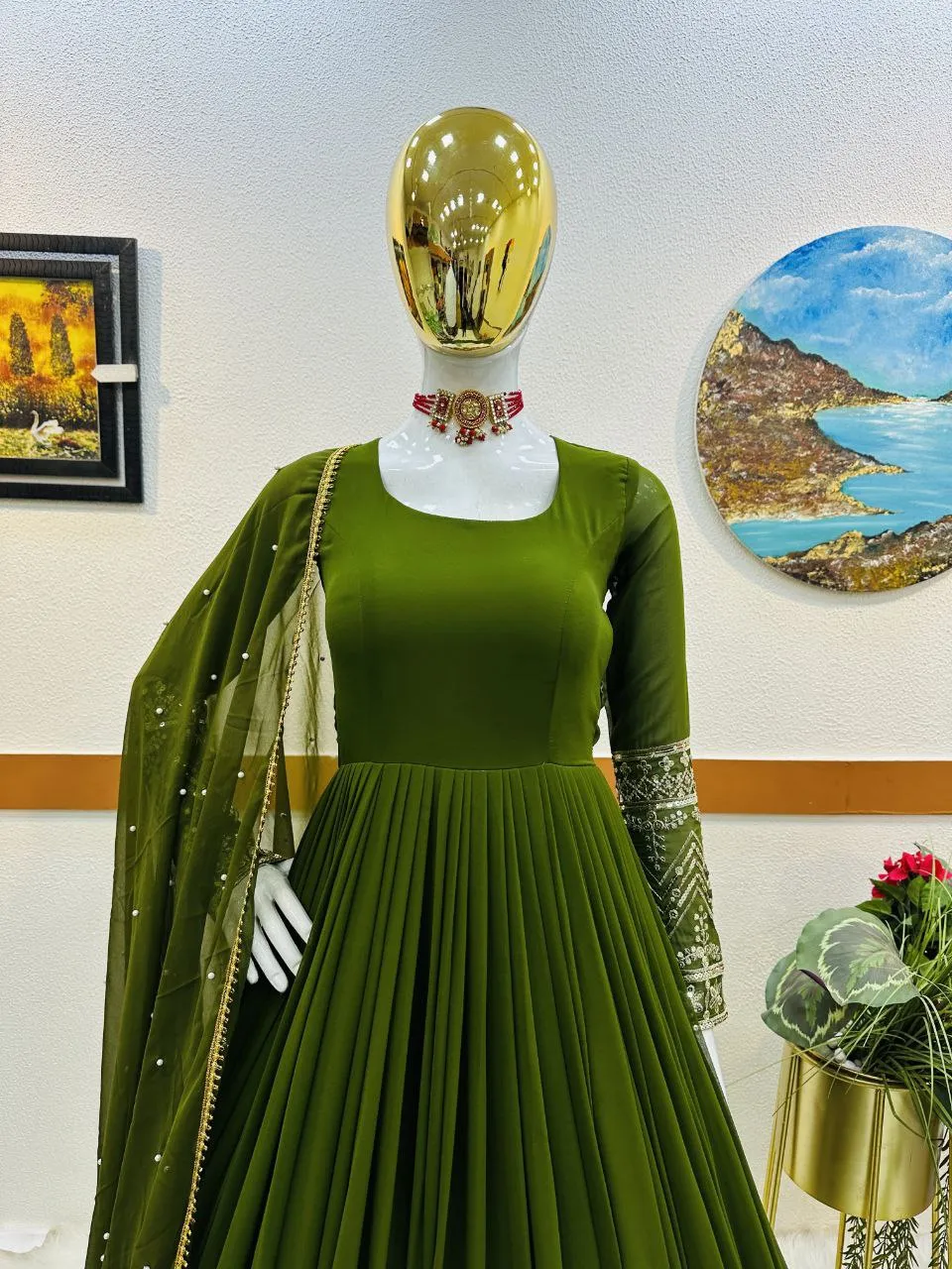 Green Color Enchanting Fox Georgette Embroidered Gown: Flowing Elegance for Special Occasions