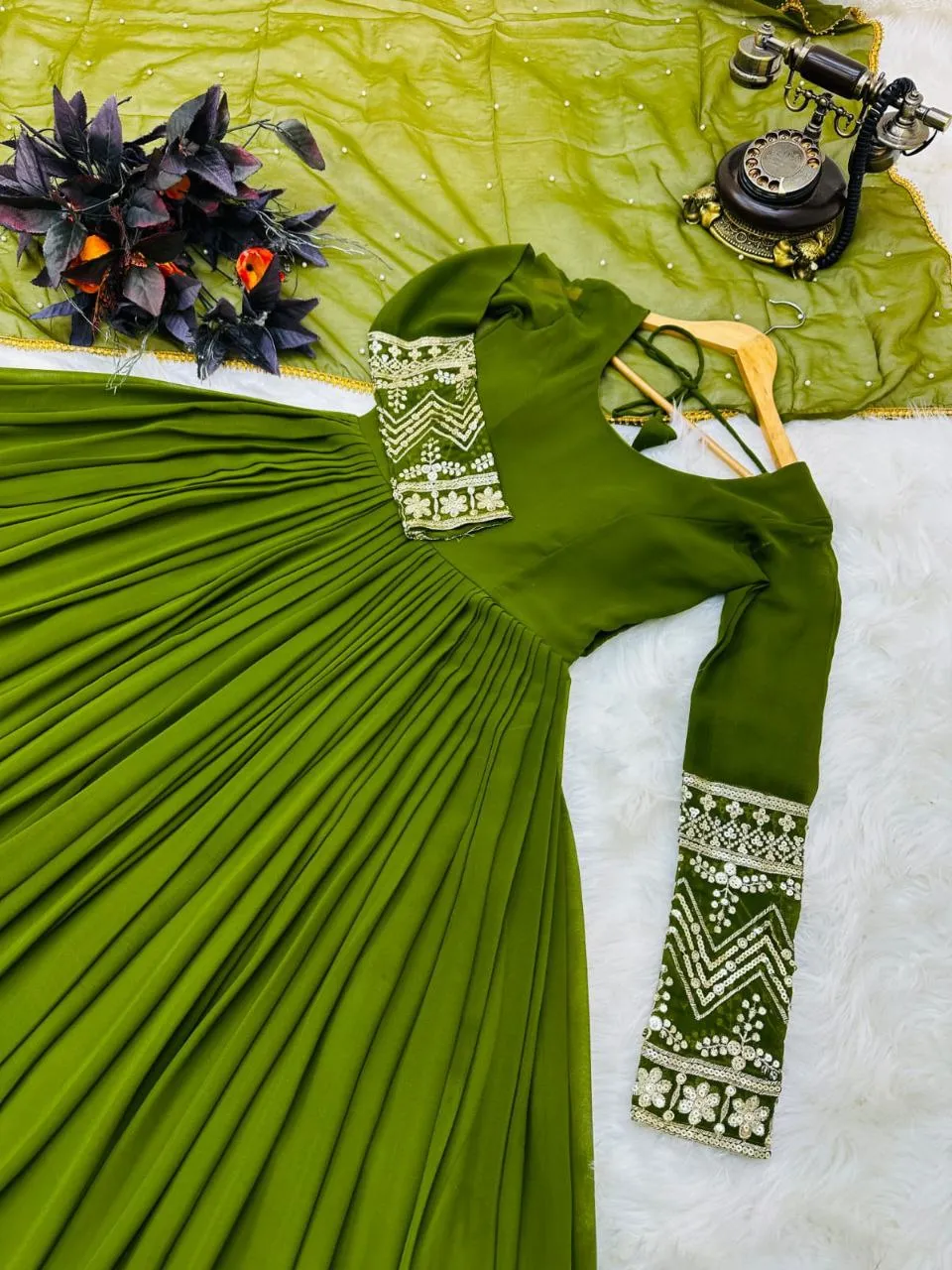 Green Color Enchanting Fox Georgette Embroidered Gown: Flowing Elegance for Special Occasions