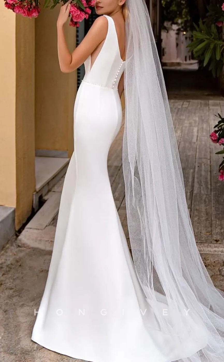 H1132 - Chic Satin Trumpt V-Neck Straps Sleeveless With Train Boho/Beach Wedding Dress