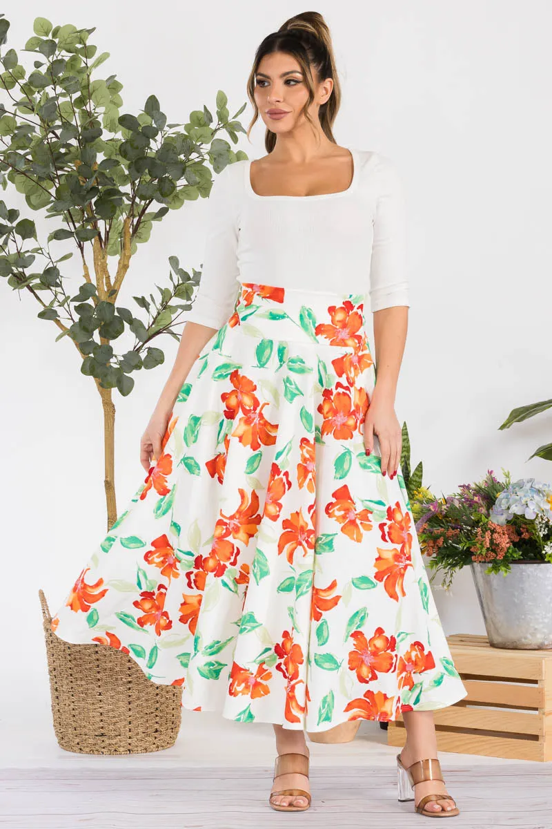 HH746R-FLORAL - FLORAL PRINT MIDI SKIRT