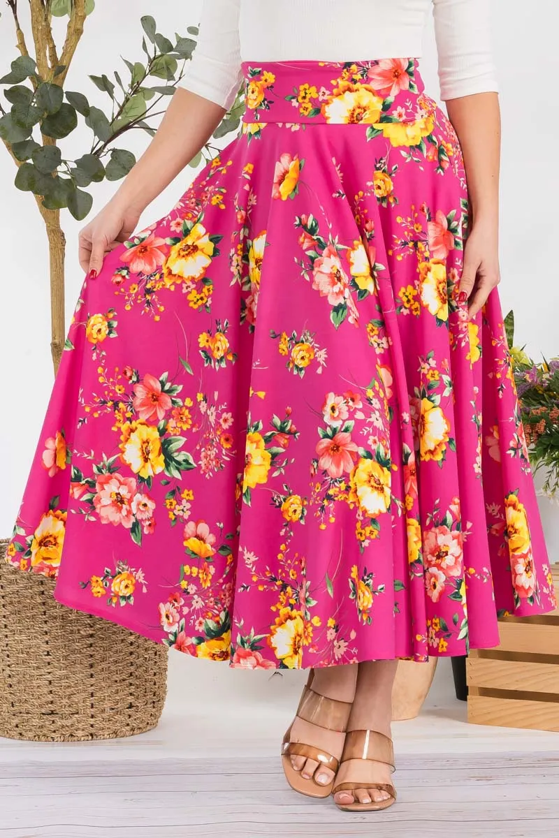 HH746R-FLORAL - FLORAL PRINT MIDI SKIRT