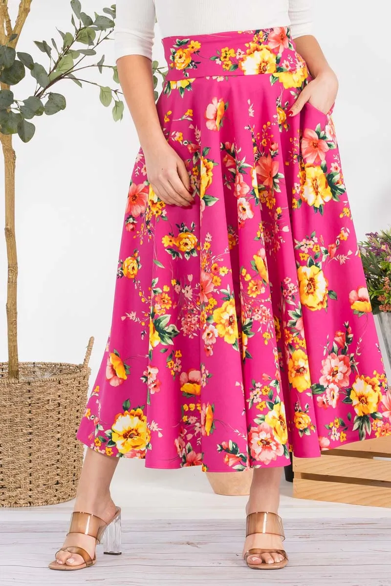 HH746R-FLORAL - FLORAL PRINT MIDI SKIRT