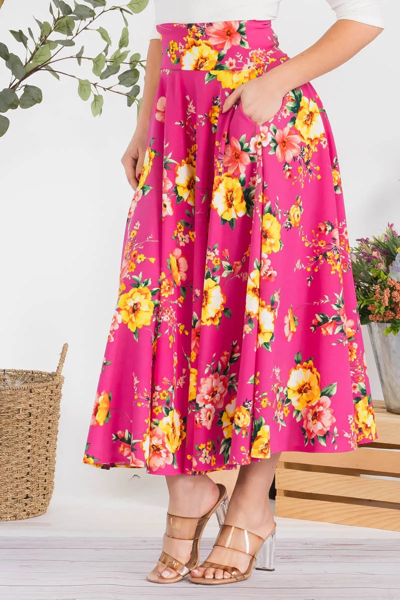 HH746R-FLORAL - FLORAL PRINT MIDI SKIRT