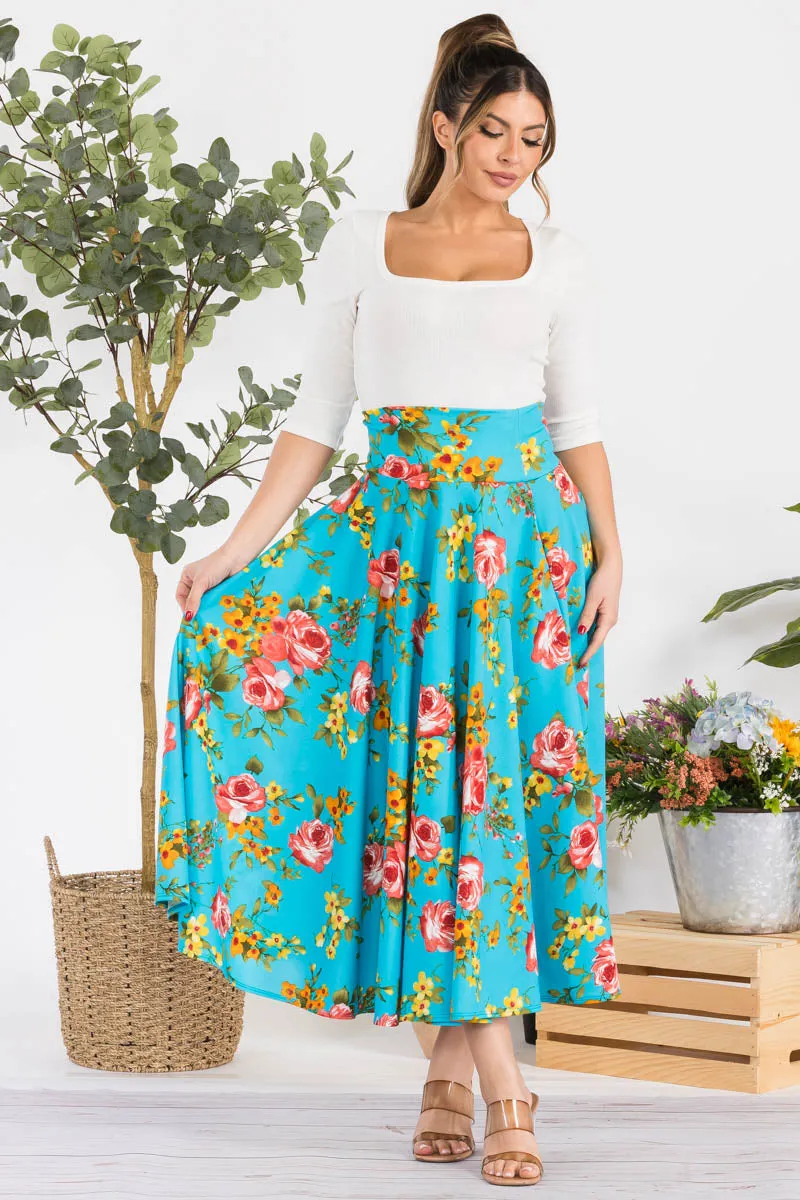 HH746R-FLORAL - FLORAL PRINT MIDI SKIRT