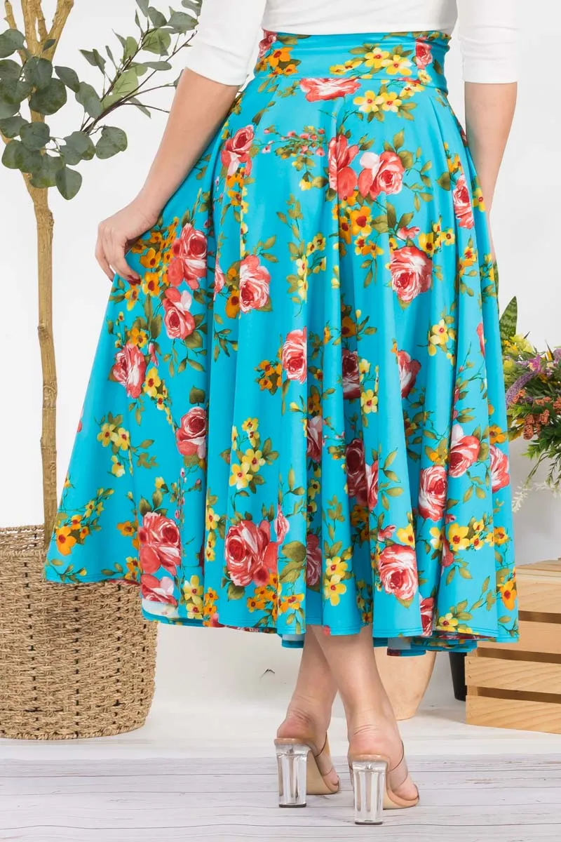 HH746R-FLORAL - FLORAL PRINT MIDI SKIRT