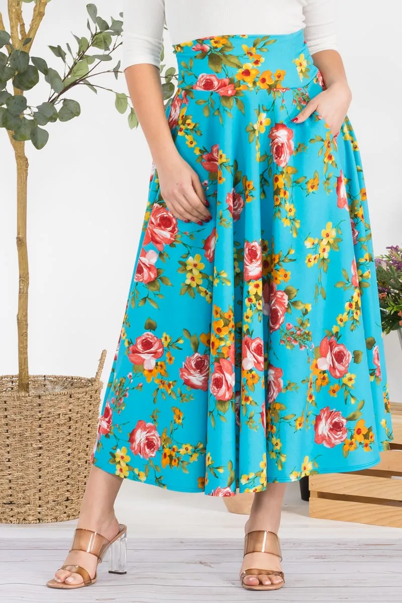 HH746R-FLORAL - FLORAL PRINT MIDI SKIRT