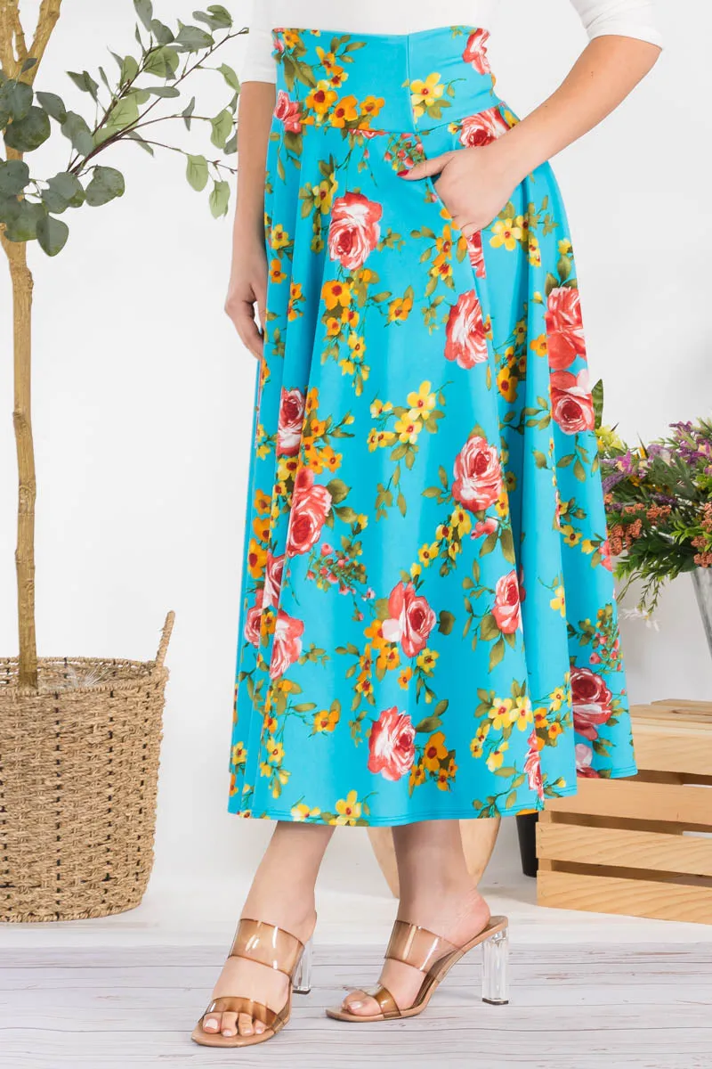 HH746R-FLORAL - FLORAL PRINT MIDI SKIRT