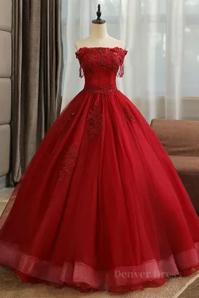 kamahe Gorgeous Strapless Burgundy Lace Beaded Long Prom Dress, Lace Burgundy Formal Evening Dress, Burgundy Lace Ball Gown