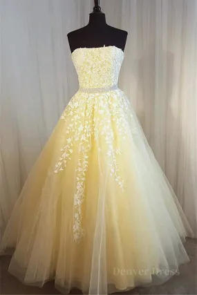 kamahe Strapless Yellow Lace Long Prom Dress, Yellow Lace Formal Graduation Evening Dress, Yellow Ball Gown