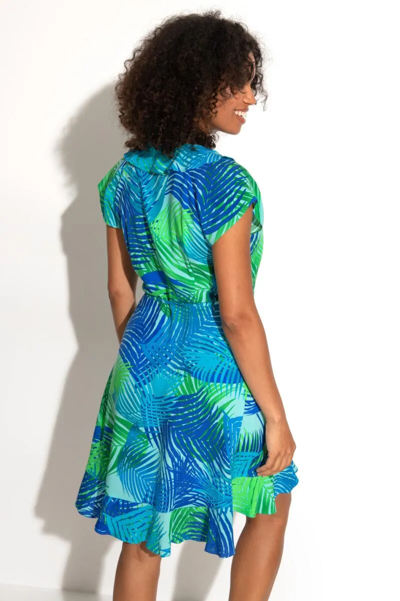 Lenzing Ecovero Viscose Frill Wrap Beach Dress In Aqua Palm - Pour Moi