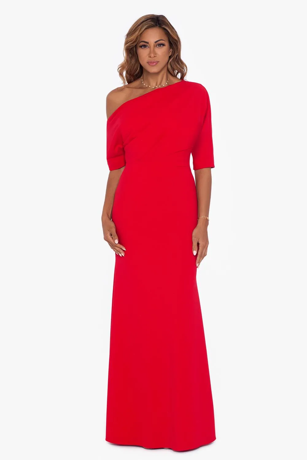 Long Scuba Crepe Off The 1 Shoulder Drape, Asymmetrical Sleeve