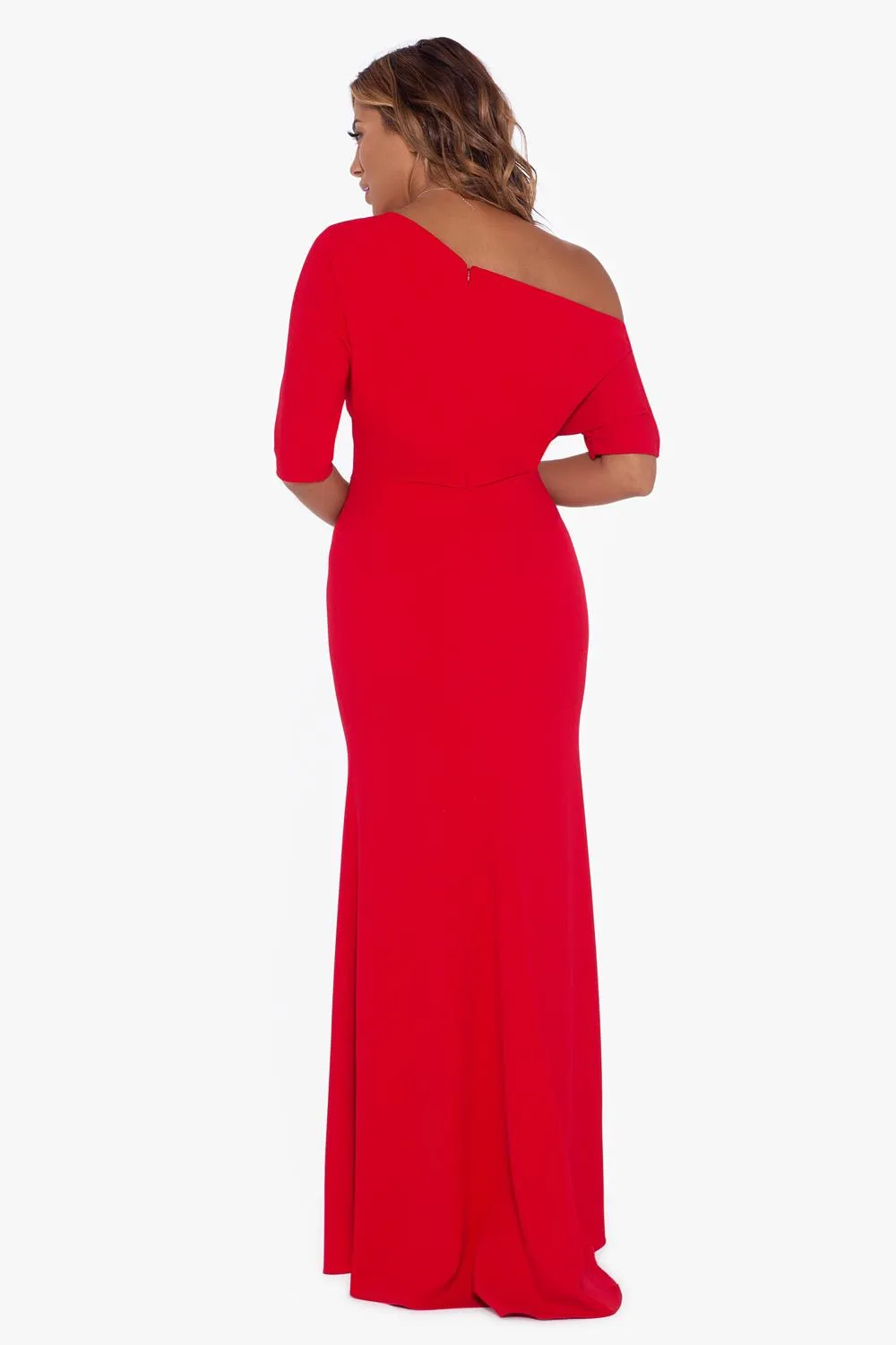 Long Scuba Crepe Off The 1 Shoulder Drape, Asymmetrical Sleeve