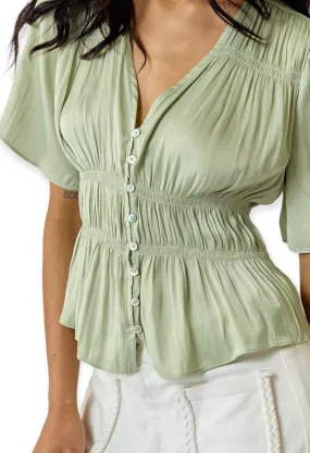 Lyra Sage Satin Button-Down Blouse