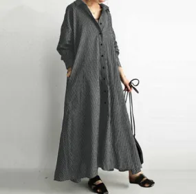 New Literary Style Cotton And Linen Striped Lapel Long-sleeved Pockets Simple Loose Casual Long Shirt Dress