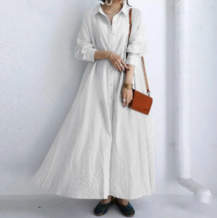 New Literary Style Cotton And Linen Striped Lapel Long-sleeved Pockets Simple Loose Casual Long Shirt Dress